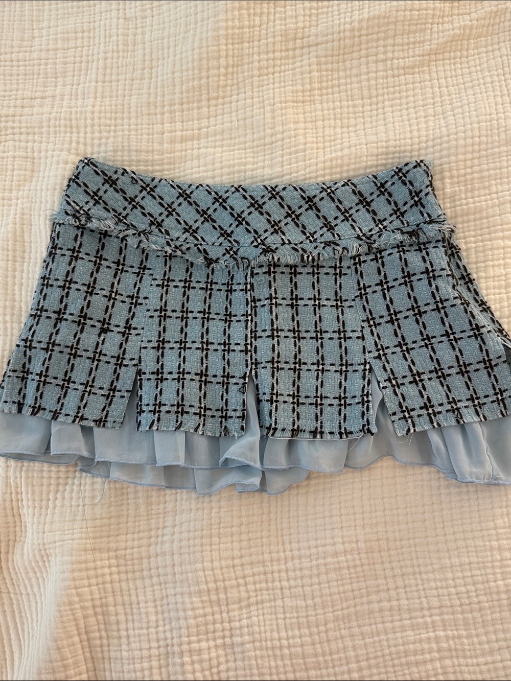 Guess Light Blue Plaid Mini Skirt with Chiffon Hem